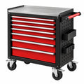 Roter und schwarzer Werkzeugwagen aus Stahl mit 8 Schubladen, rollbar und Maße 77x46x98 cm, von Erandilo.