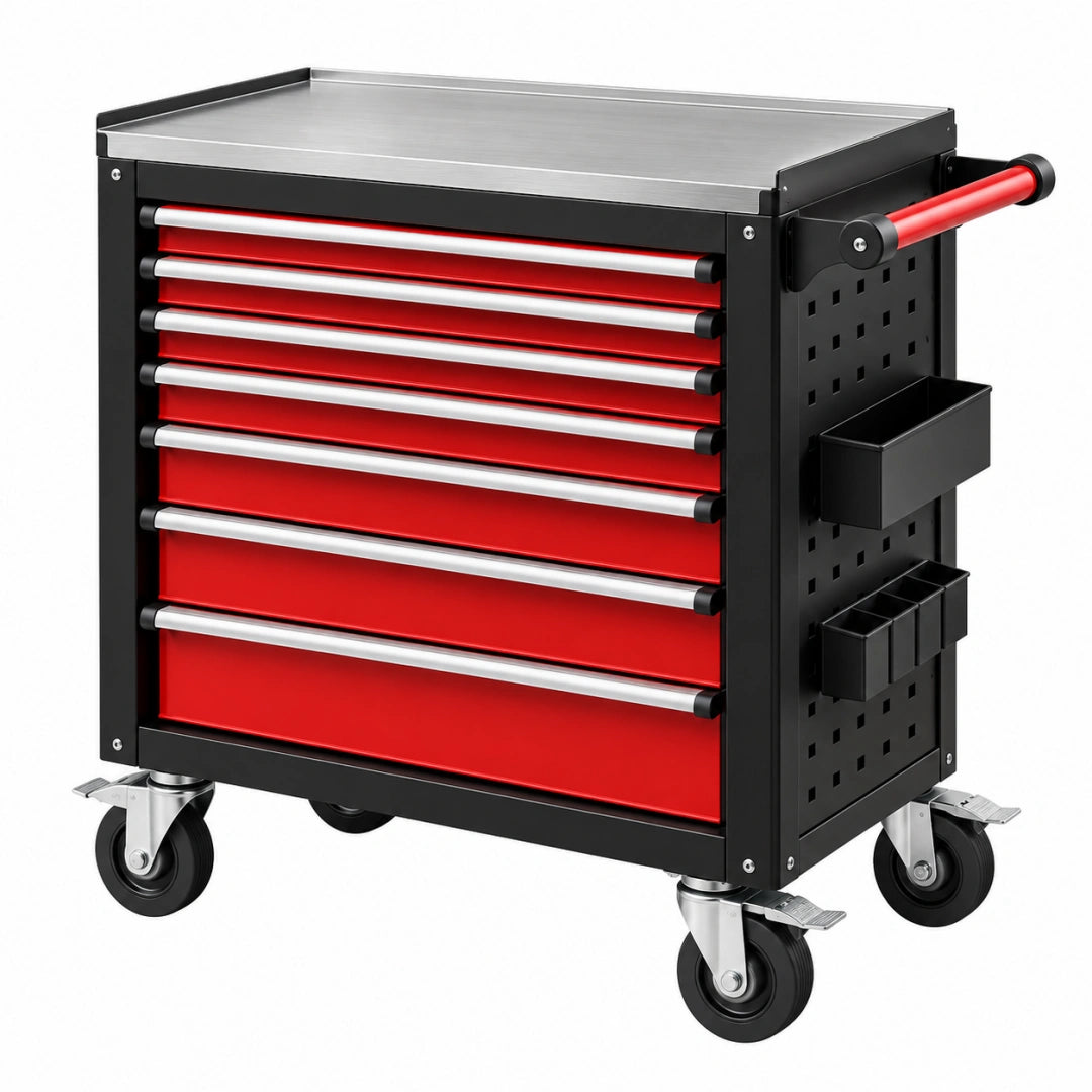 Roter und schwarzer Werkzeugwagen aus Stahl mit 8 Schubladen, rollbar und Maße 77x46x98 cm, von Erandilo.