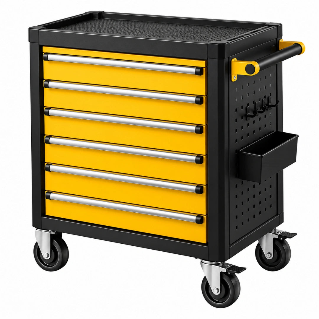 Gelber und schwarzer Werkzeugwagen aus Metall mit 6 Schubladen und Rollen, Maße 77x46x97 cm, von Erandilo