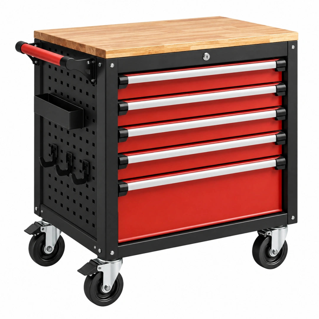 Robuster roter und schwarzer Werkstattwagen von Erandilo mit 5 Schubladen aus Stahl und Holz, abschließbar, Maße 77x46x97 cm