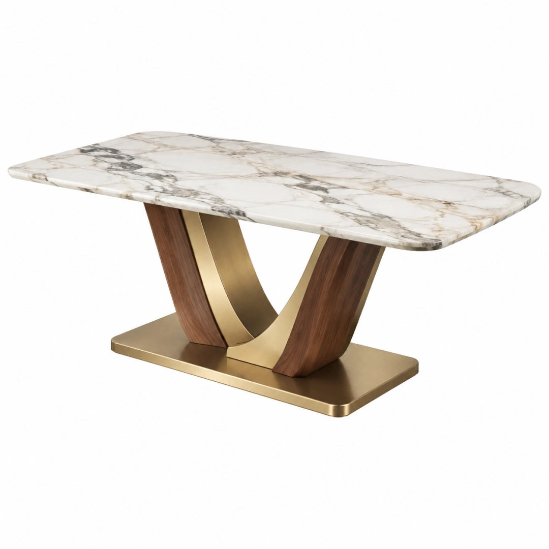 Moderner Esstisch von Erandilo, 160x90x75 cm, weiß-braun-gold mit Marmoroptik-Tischplatte und Metallgestell.
