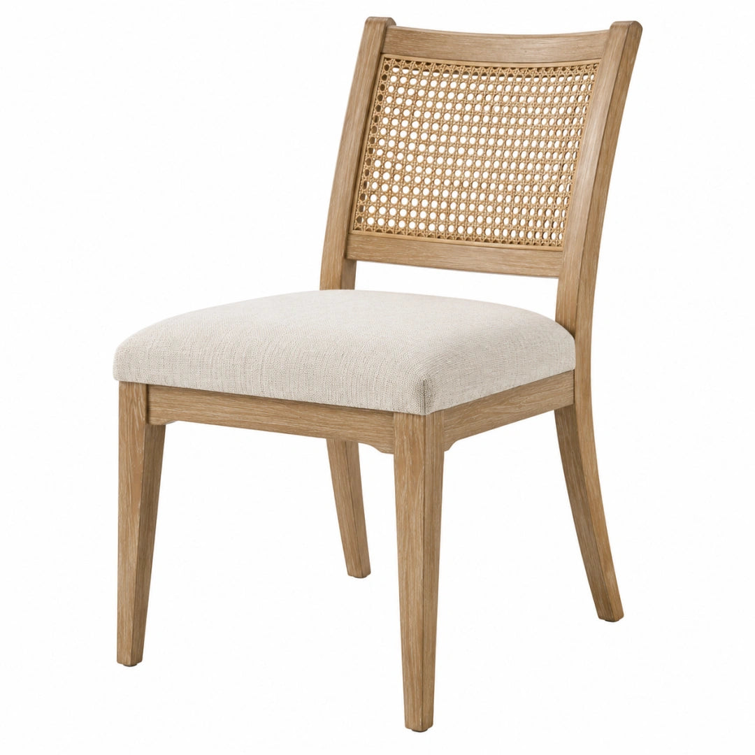 Beiger Landhausstil Esszimmerstuhl von Erandilo, gepolstert, aus Holz und Rattan, Maße 50x58x90 cm, gemütliche Sitzgelegenheit
