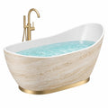 Freistehende Badewanne in Beige-Weiß Steinoptik mit Goldsockel, 170 x 75 cm, zeigt die elegante Badewanne von Erandilo.