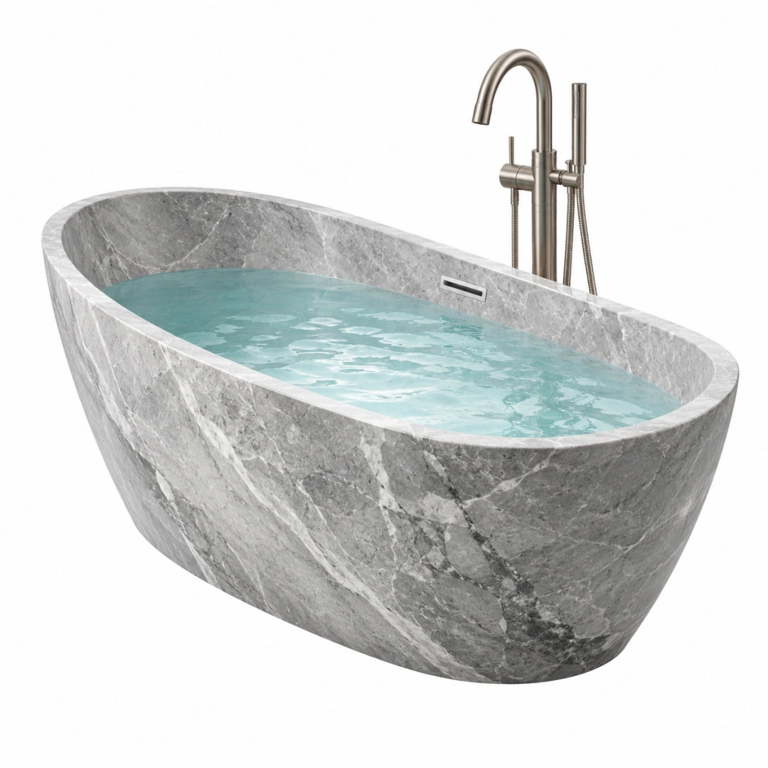 Freistehende Badewanne aus grauem Marmor, ovales Design, Maße 170 x 80 x 55 cm, von Erandilo.